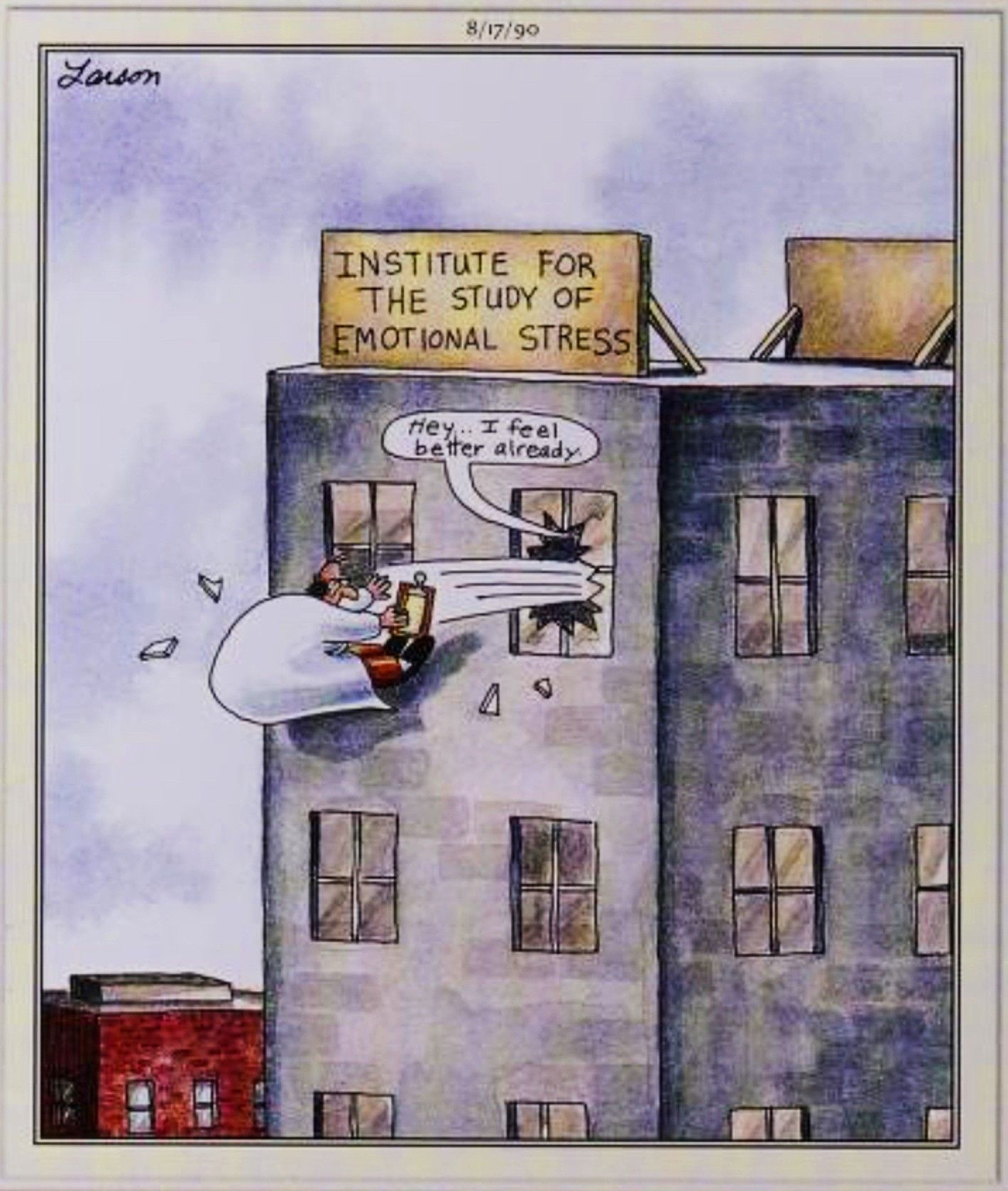 Far Side, August 17, 1990, a man is thrown out of the window of a high-rise building