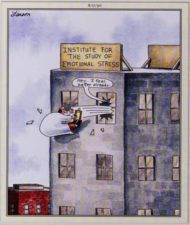 Far Side, August17, 1990, a man is thrown out a window of a high rise building
