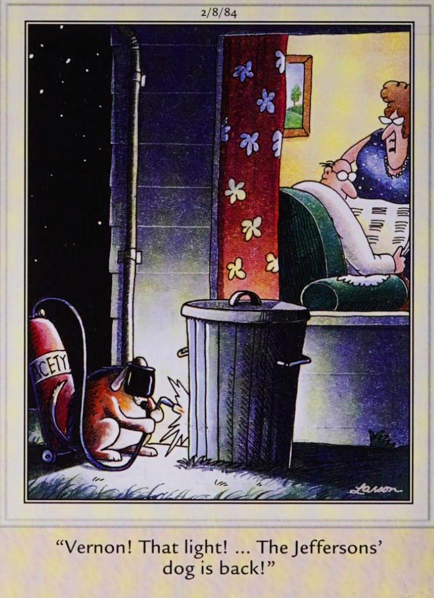 Far Side, February 8, 1984, a dog using a blowtorch to try to set fire to a couple's suburban home