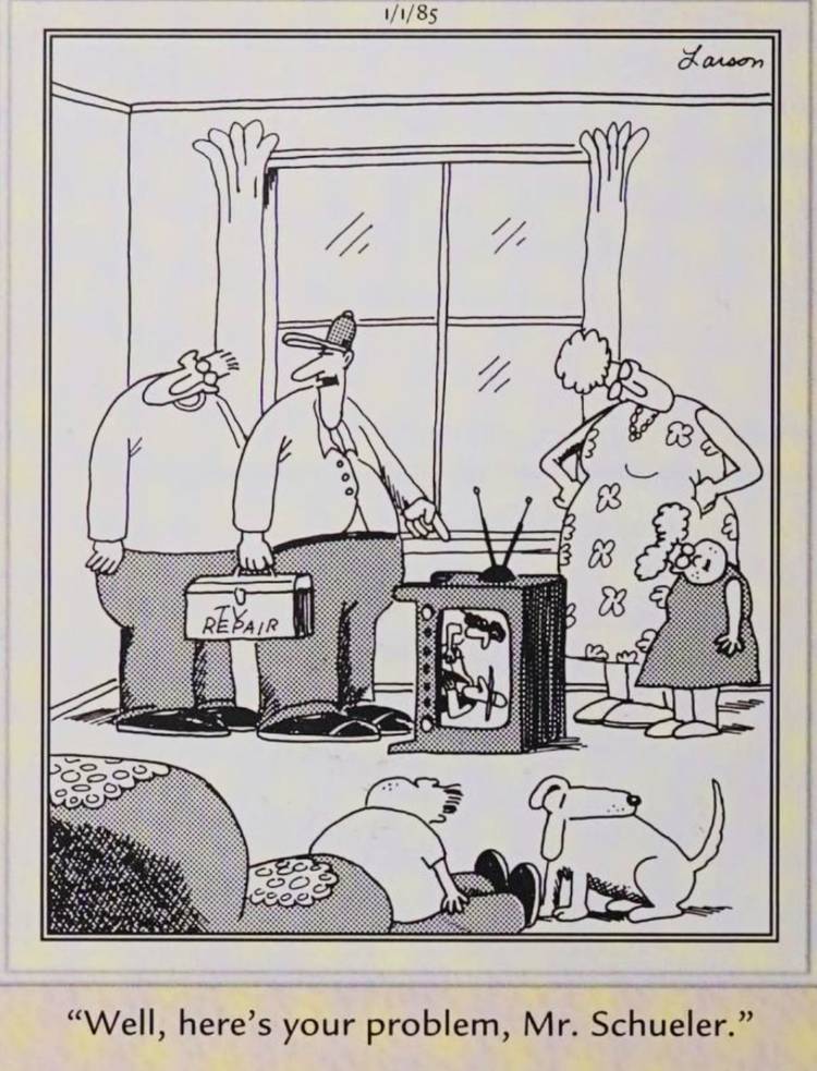 Far Side, January 1, 1985, a TV repairman at the home of a family with titled heads