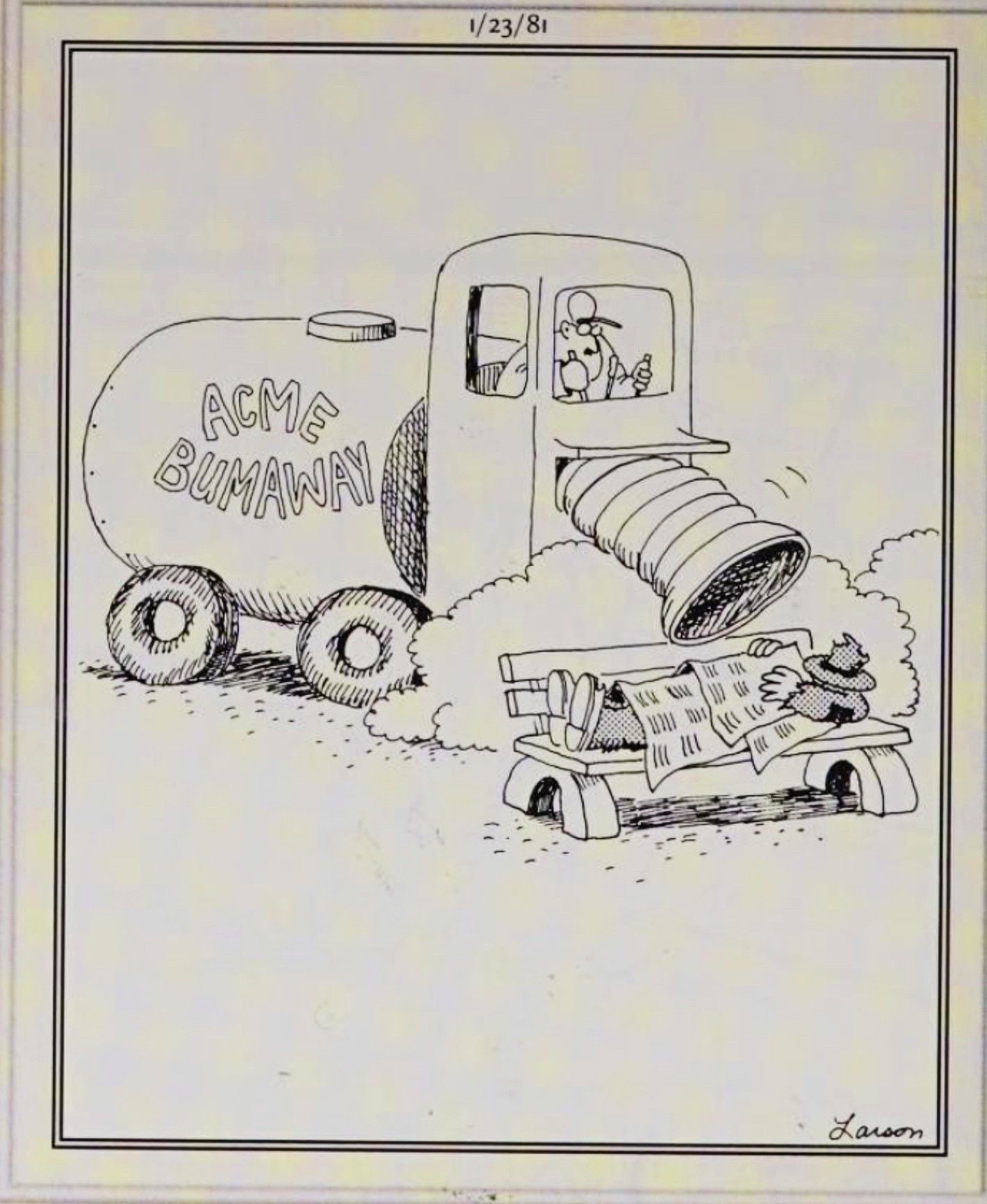 Lato Far Side, 23 gennaio 1981. Il camion Acme Bumaway risucchia molte persone che dormono sulla panchina.