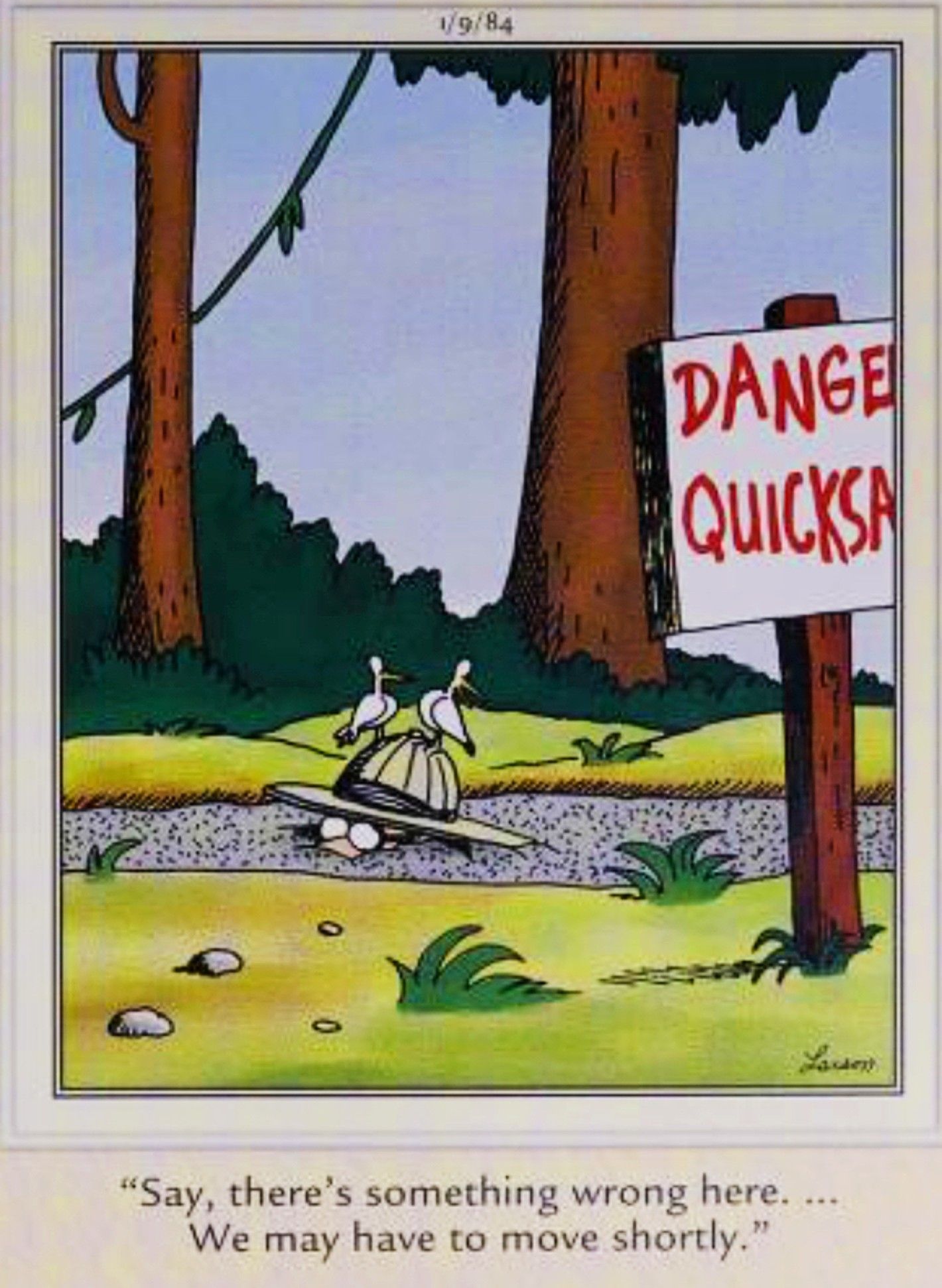 Far Side, January 9, 1984, two birds are on the head of an explorer being swallowed by quicksand