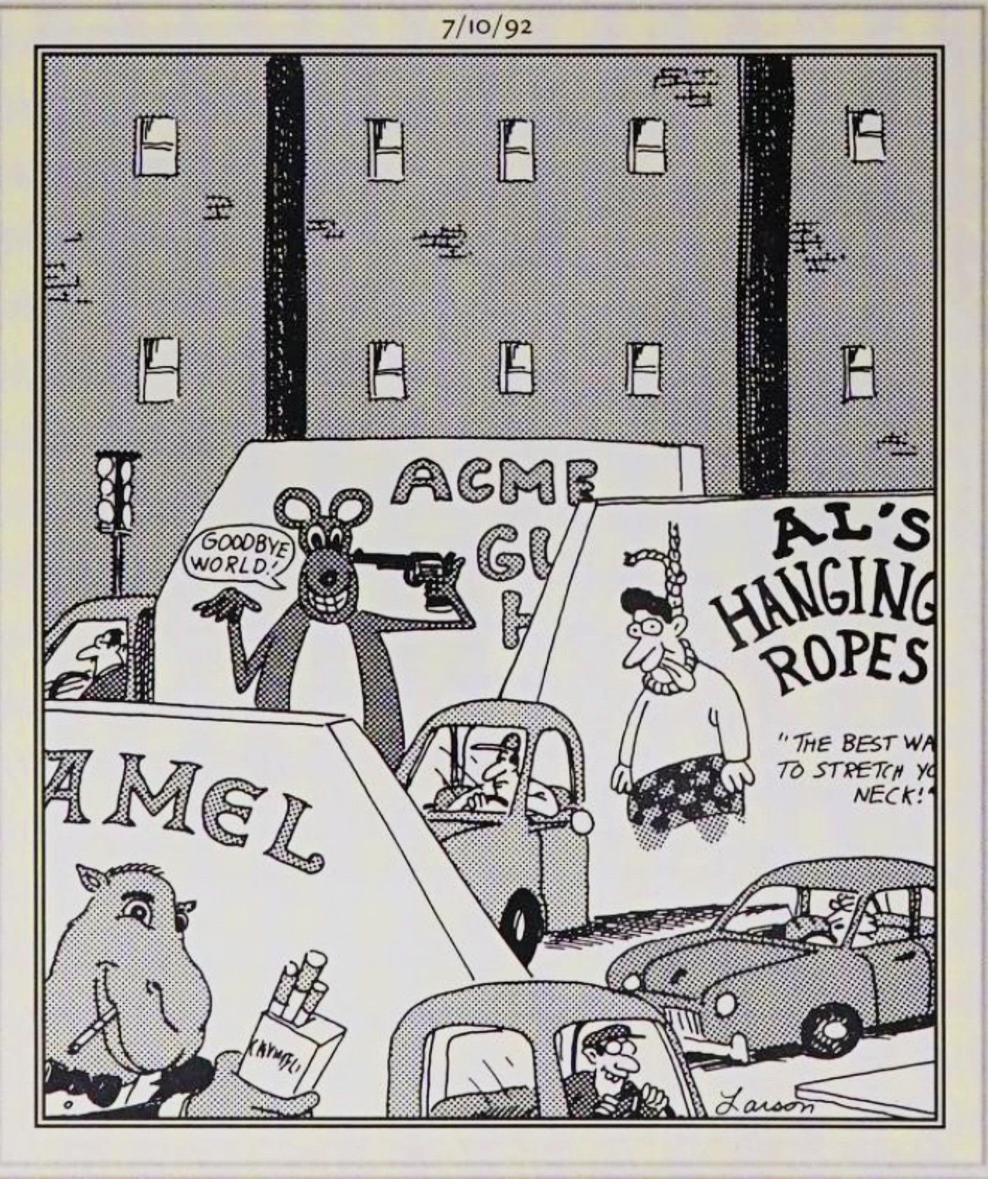 Far Side, July 10, 1992, gun vans, 'hanging ropes' and Camel cigarettes