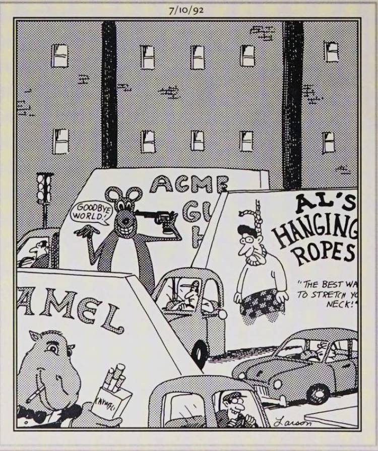 Far Side, July 10, 1992, vans for guns, 'hanging ropes' and Camel cigarettes