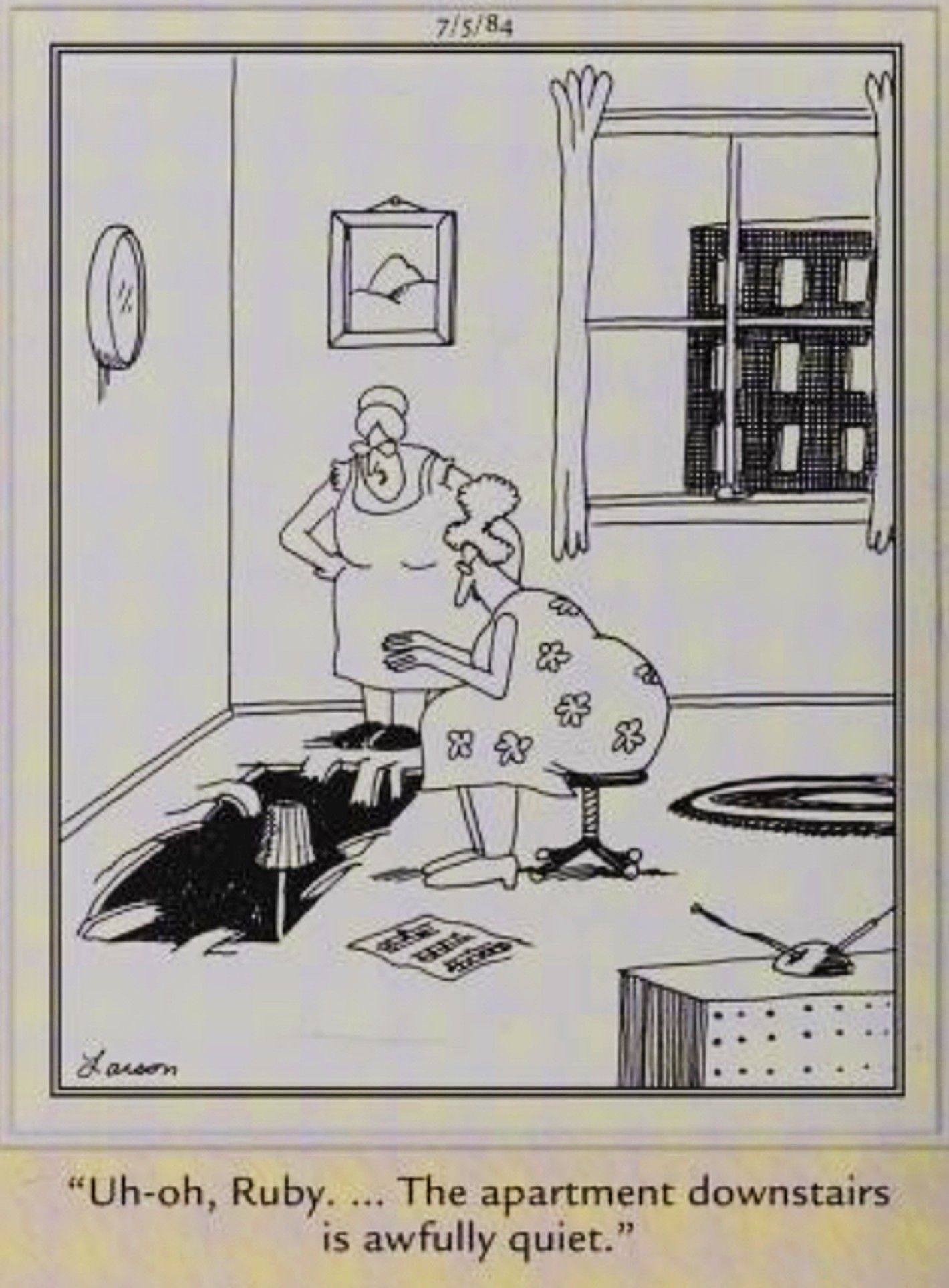 Far Side, July 5, 1984, a woman's piano falls through the floor of her apartment and into the apartment below