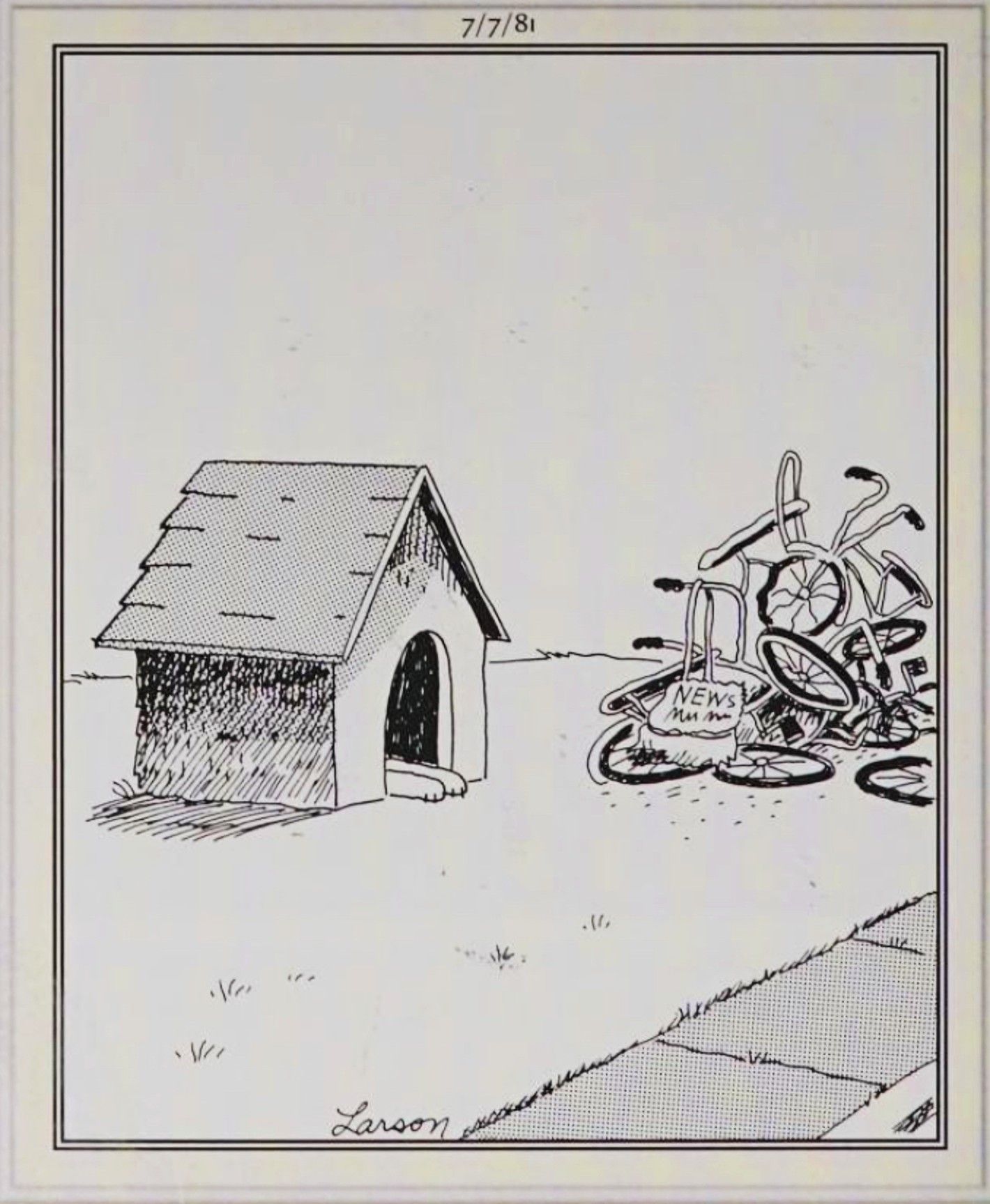 Lato Far Side, 7 luglio 1981. Un mucchio di biciclette scartate vicino a una cuccia.