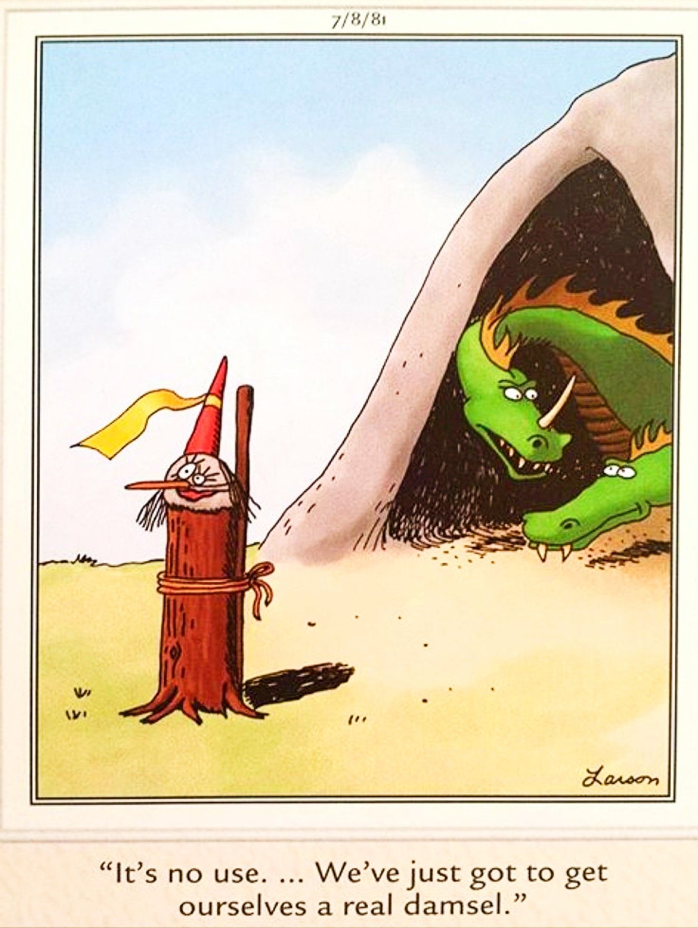 Far Side, 8 de julho de 1981, dragões tentam atrair presas com uma falsa donzela em perigo