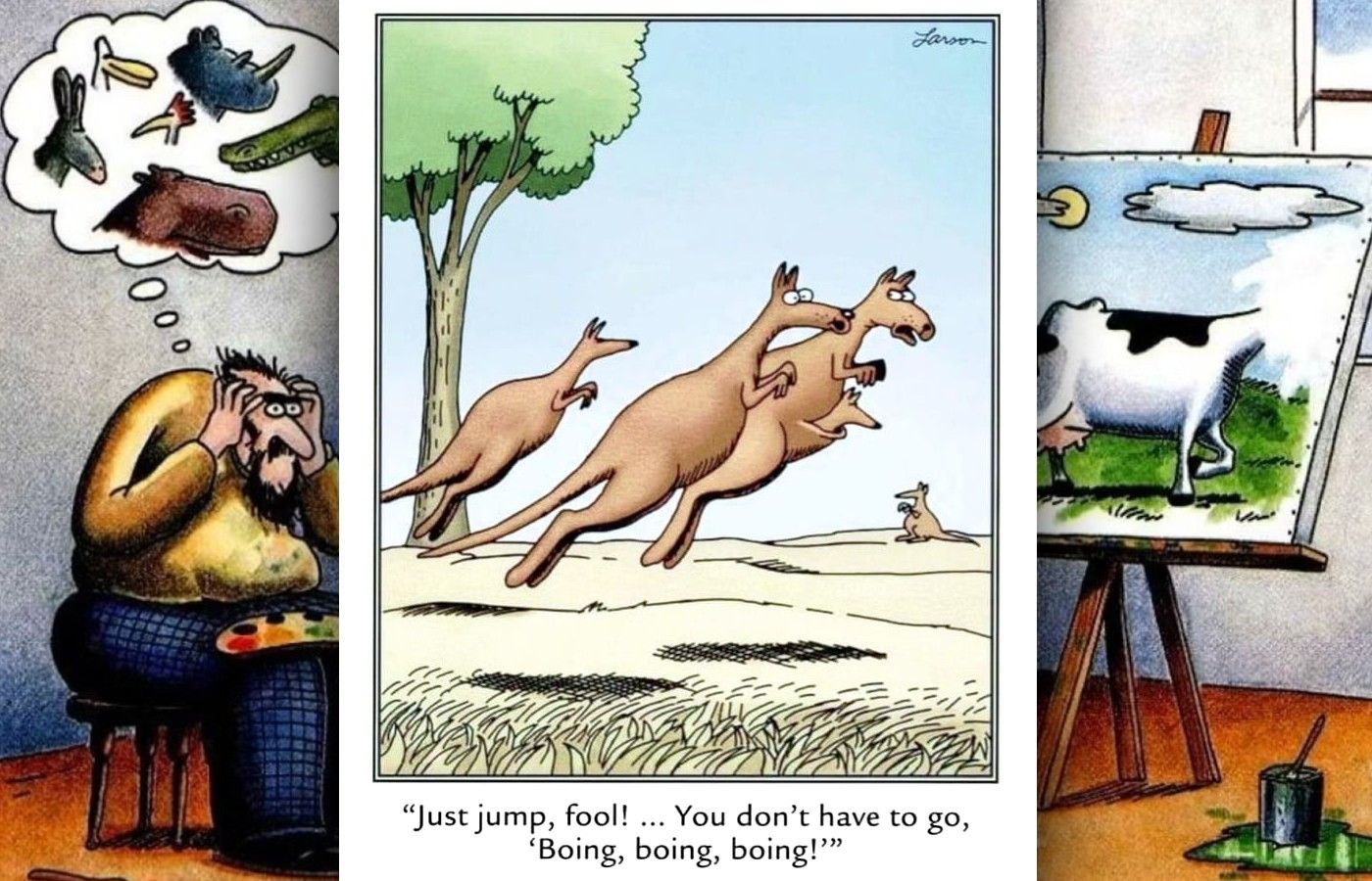 far side kangaroo saying boing boing boing