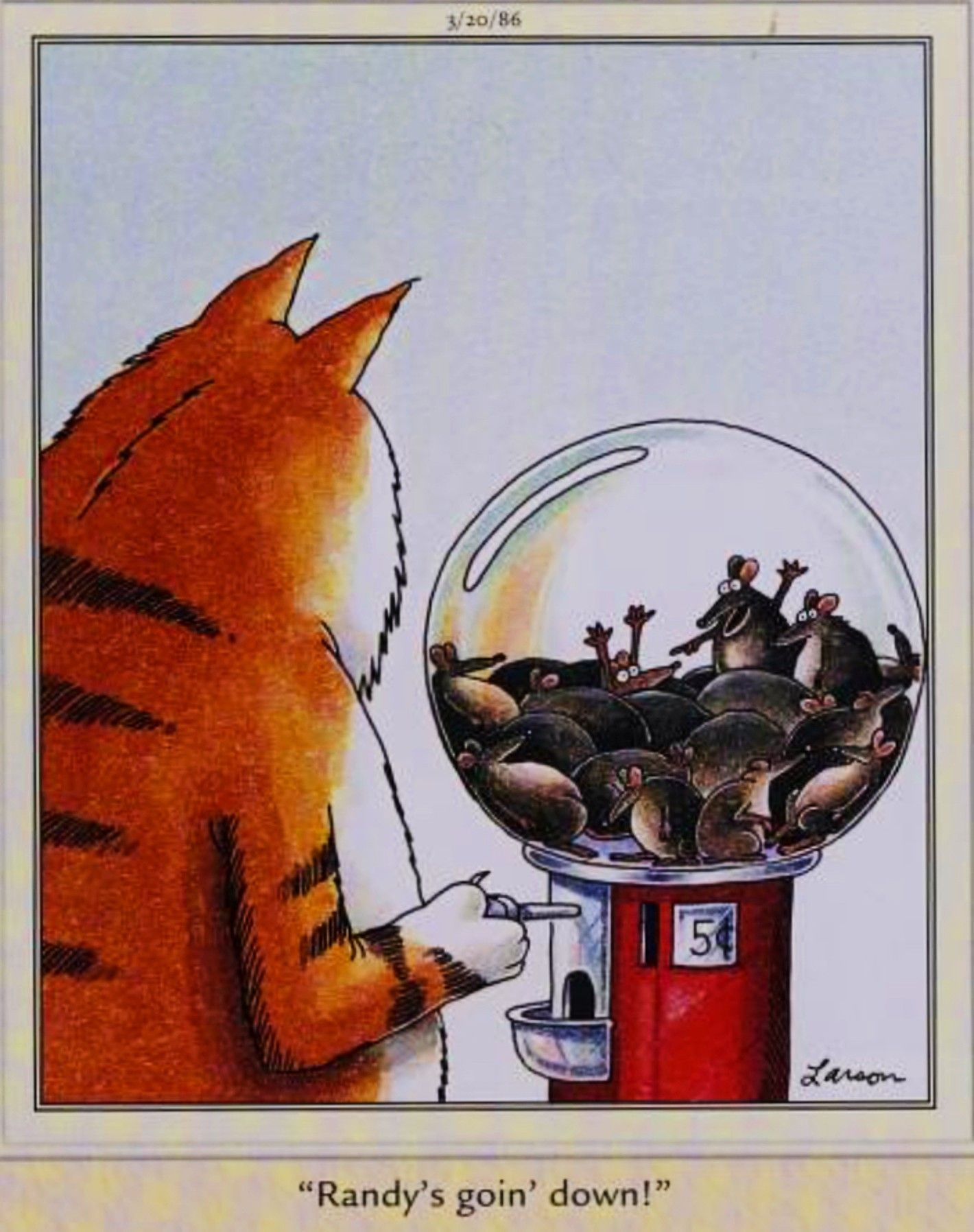 Far Side, March 20, 1986, a cat takes a mouse out of a gumball machine