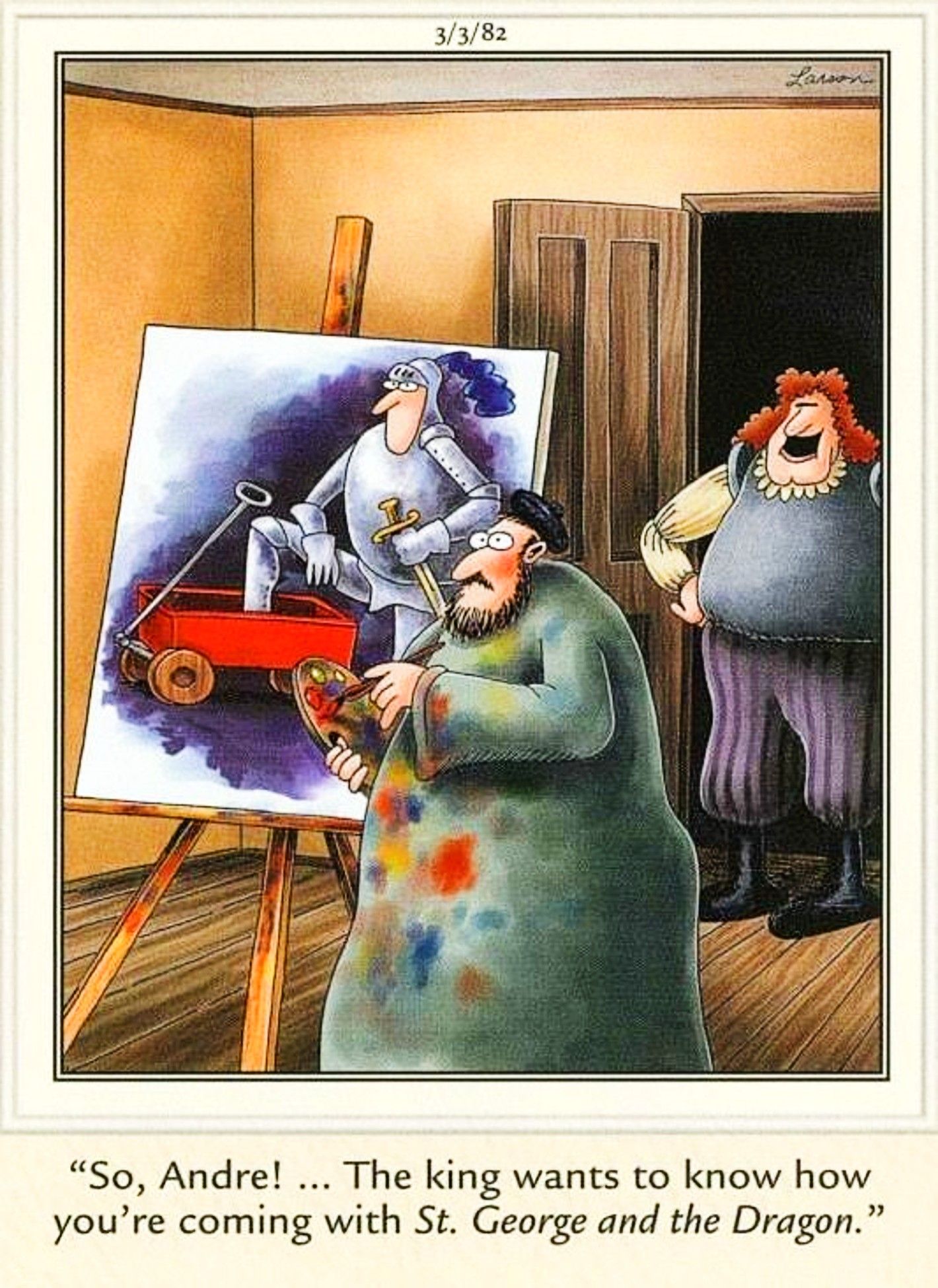 Far Side, 3 de março de 1982, um pintor percebe que confundiu 'vagão' com 'dragão'