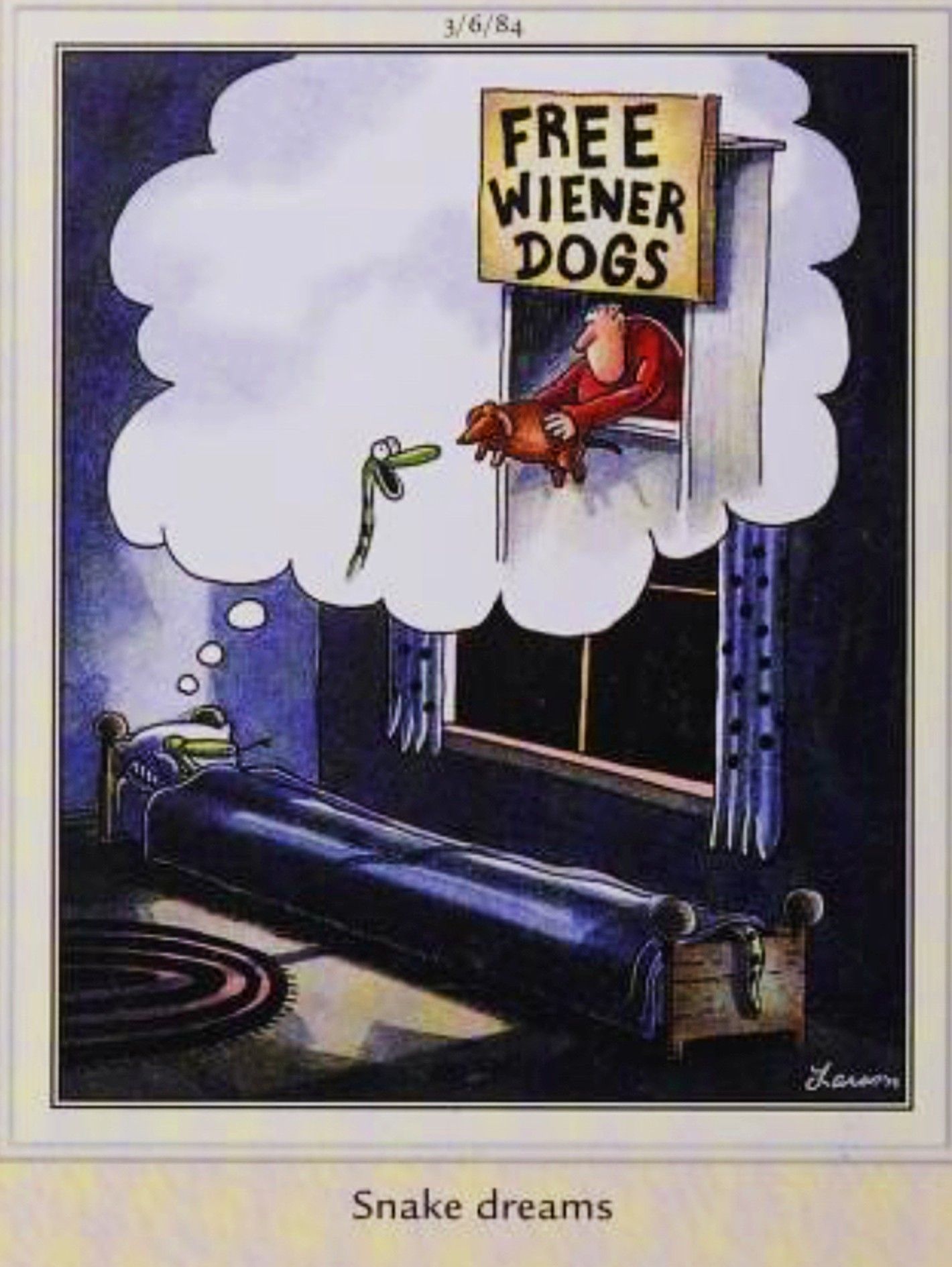 Far Side, March 6, 1984, a snake dreams of getting a free weiner dog to eat