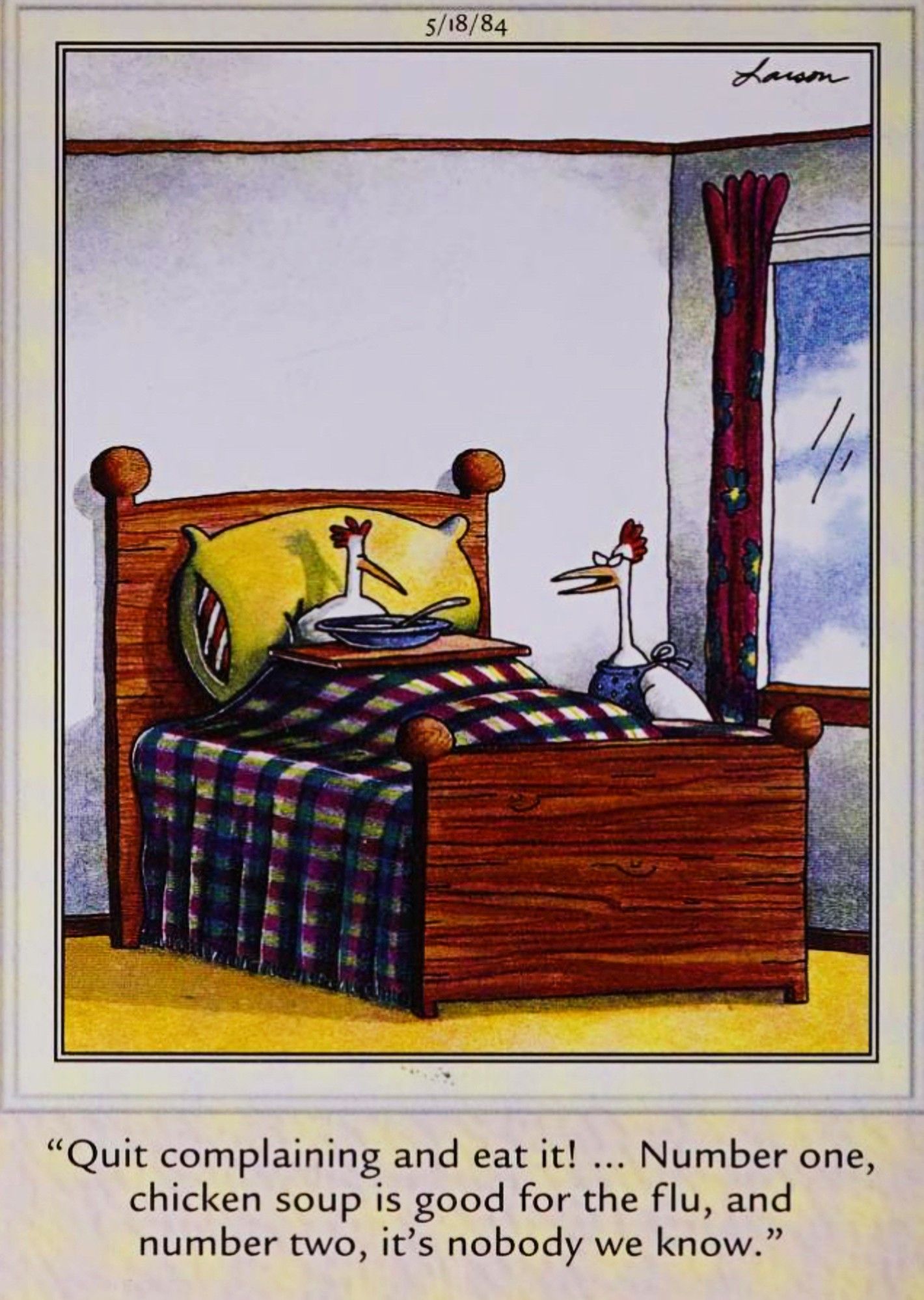 Far Side, May 18, 1984, a chicken tells her sick son to eat chicken soup, and that it's 'nobody we know'