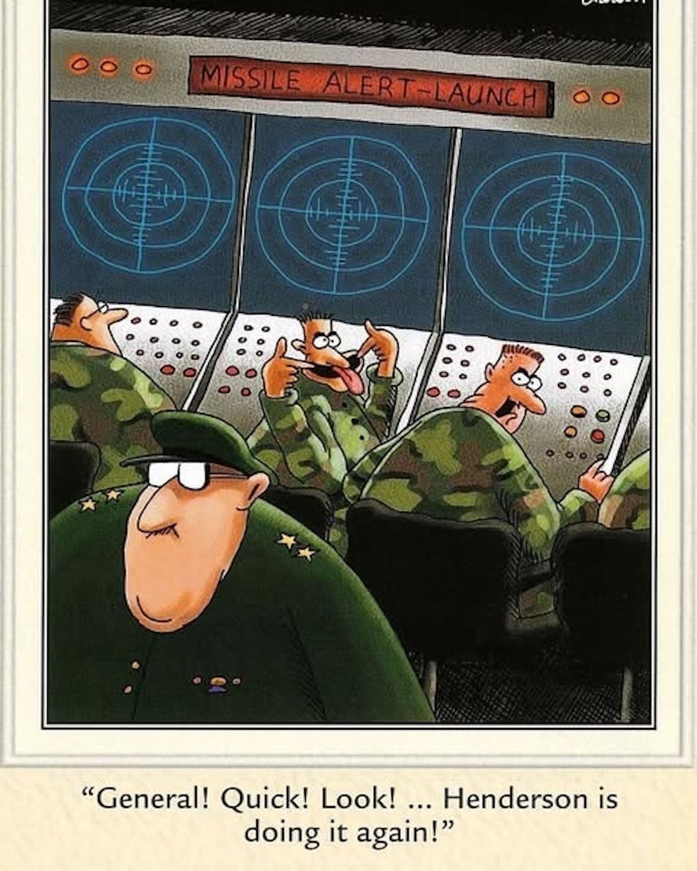 Far Side Strip : Un soldat fait la grimace lors d’une alarme de missile.