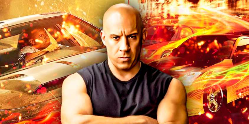 Vin Diesel as Dom Toretto folding his arms in front of cars in Fast & Furious