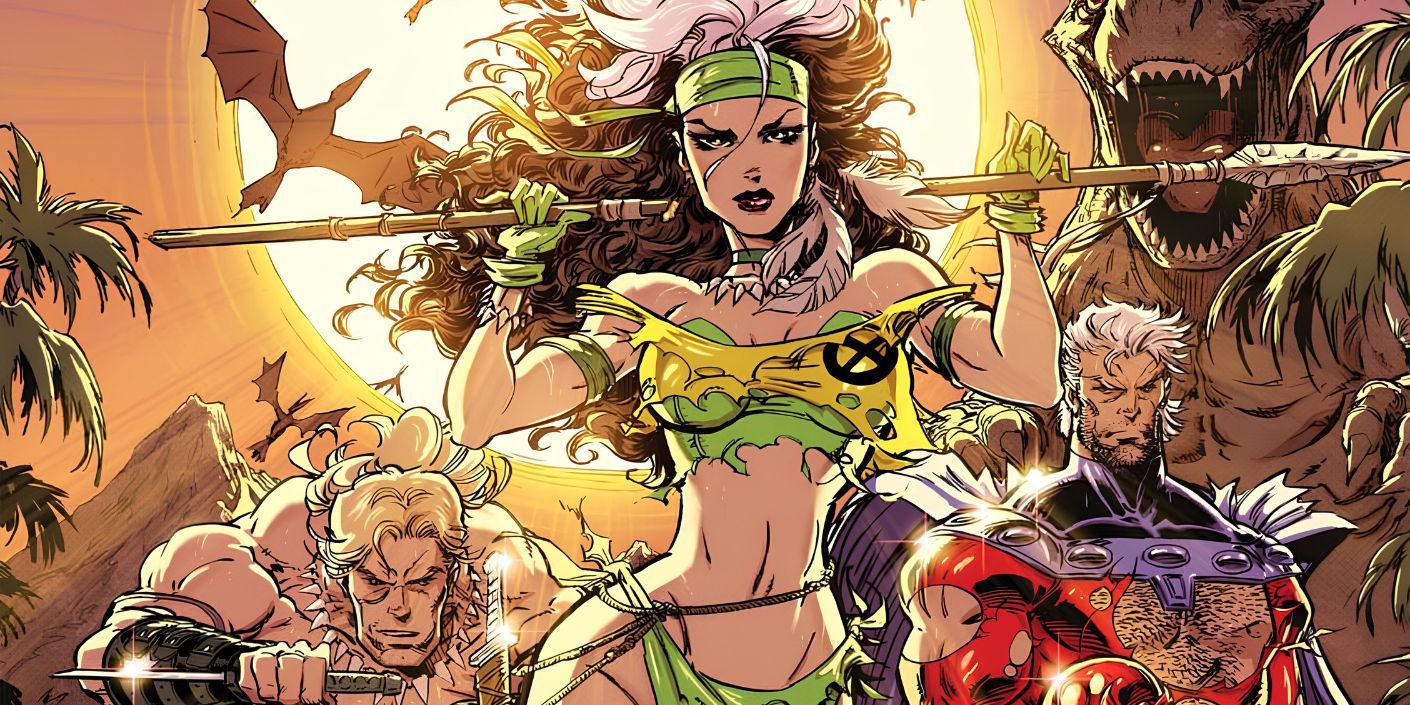 Rogue em seu traje Savage Land na frente de Ka-Zar e Magneto