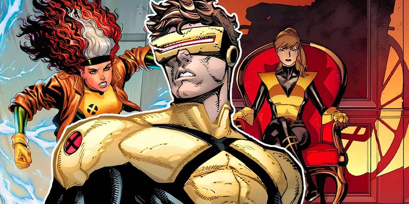Split image of Cyclops in front of Rogue (Left) and Kitty Pryde (Right)