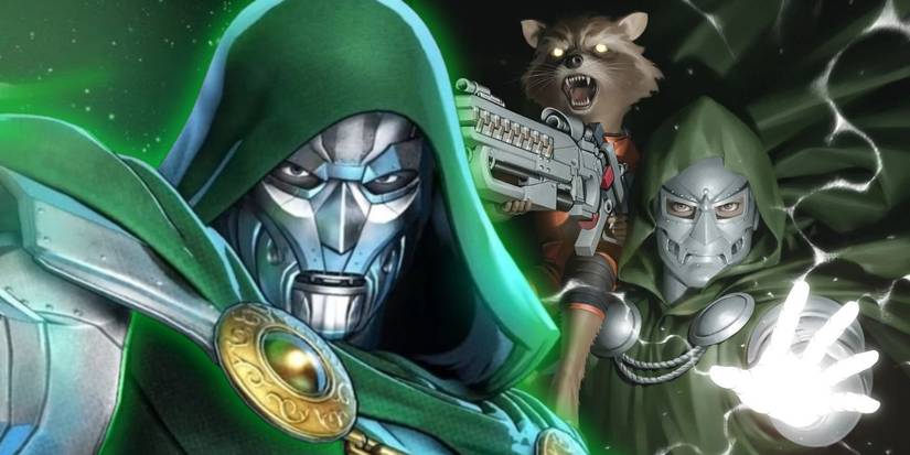 Spit Image Doctor Doom next to Doctor Doom holding Rocket Raccoon