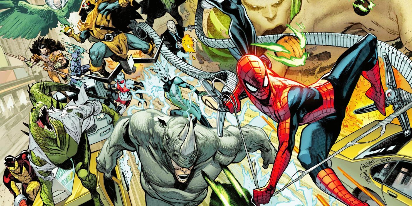 Comic book art: Spider-Man running from his rogues gallery