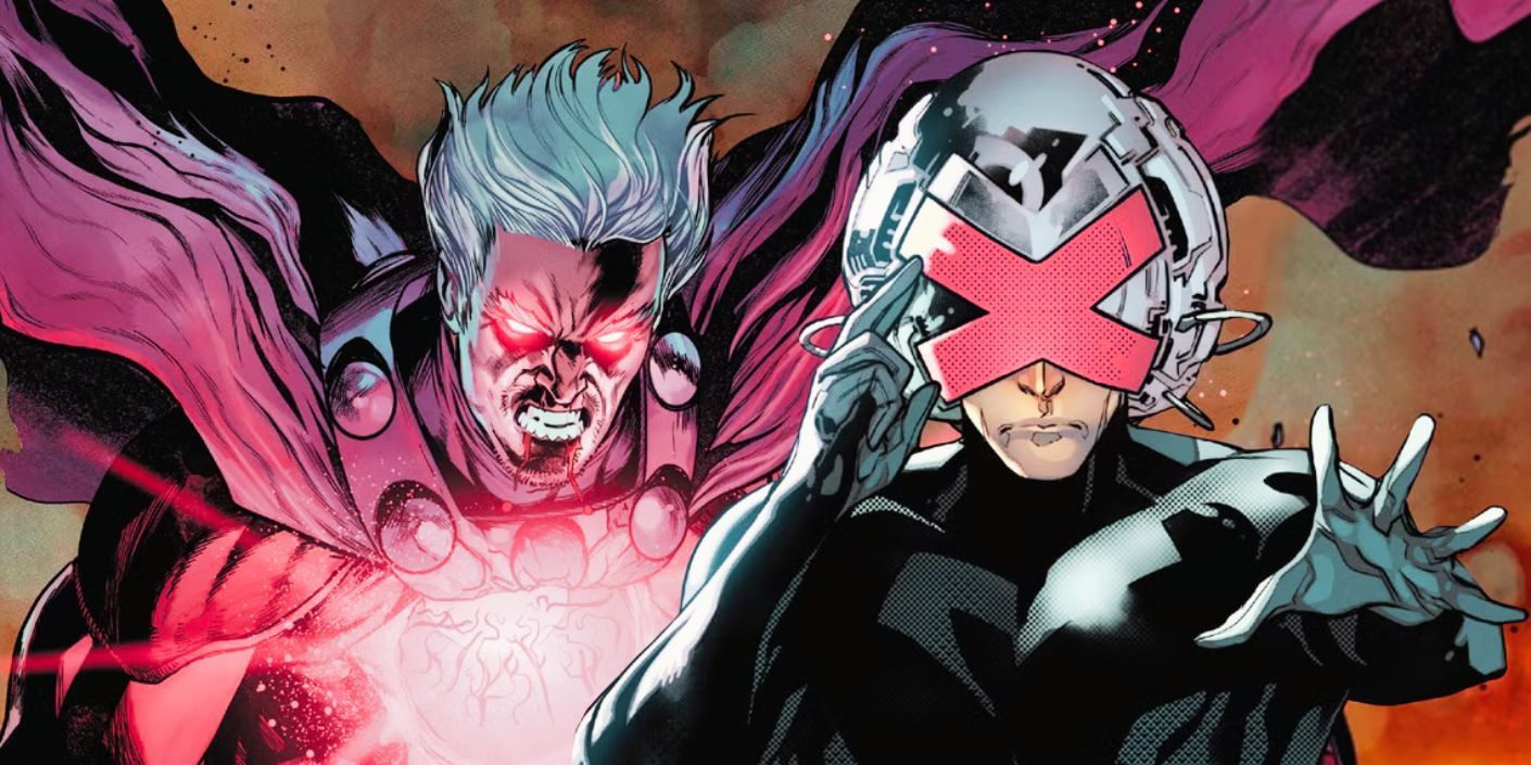 Comic book art: Split Image of Magneto injured next to Charles Xavier during the Krakoa era