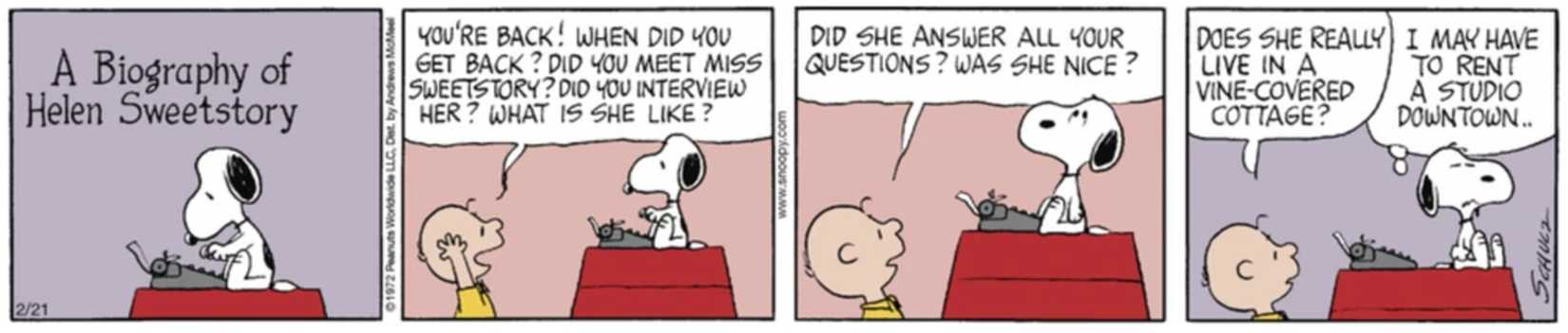 Snoopy getting annoyed at Charlie Brown while he is trying to write.