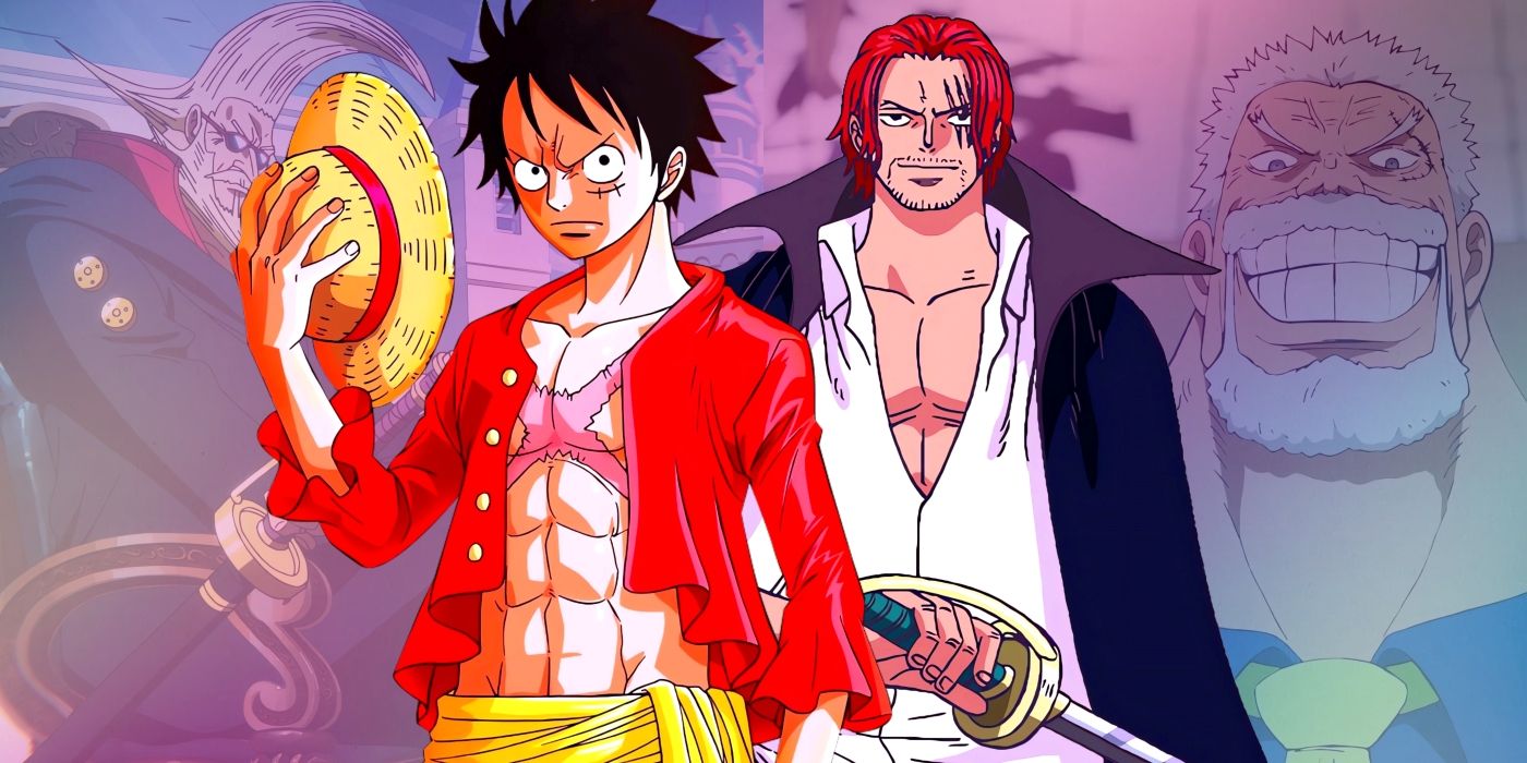 Luffy and Shanks standing side by side. Behind them, Garp and Garling can be seen.