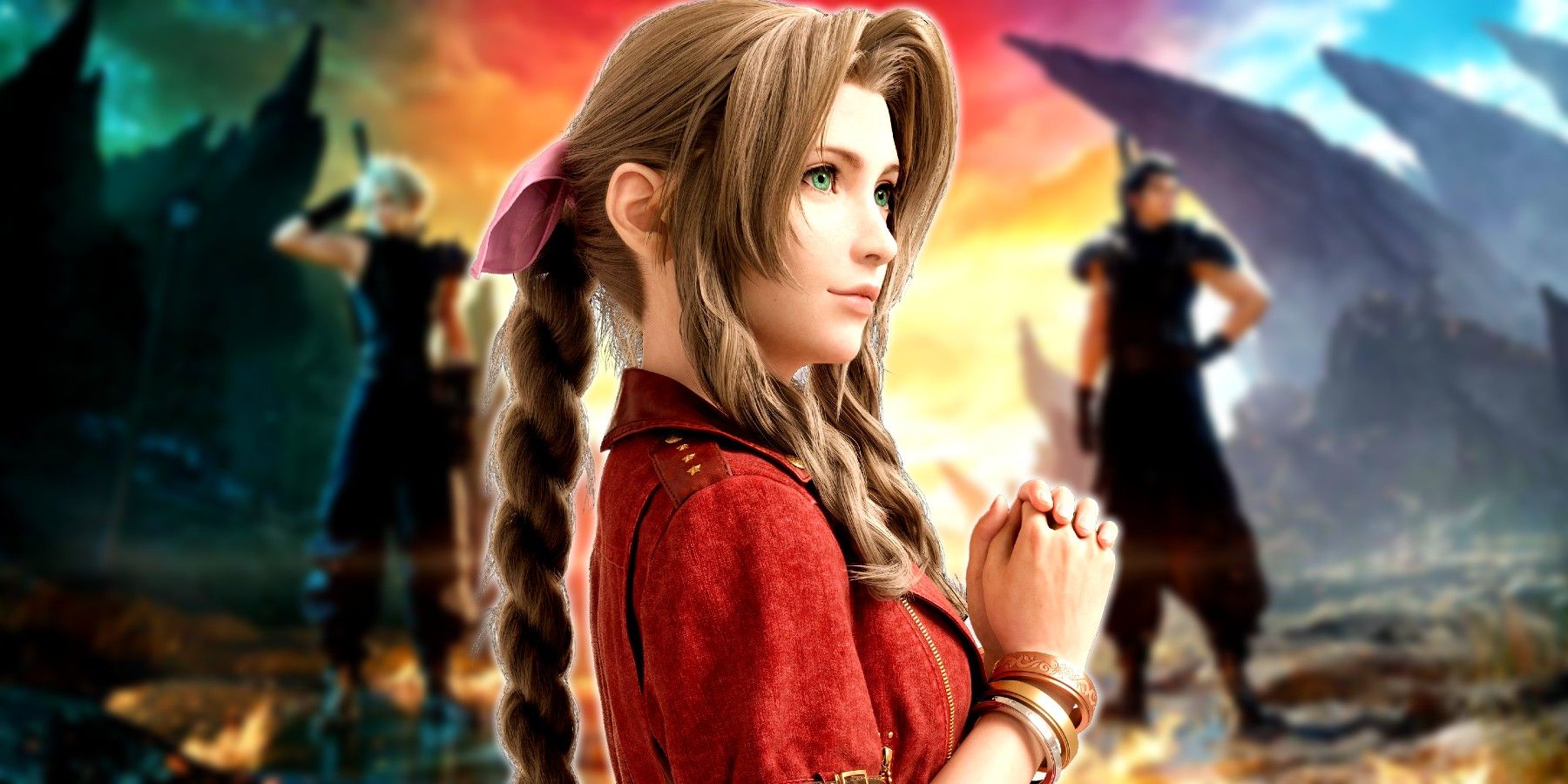 Final Fantasy 7 aerith with cloud and zack in the background