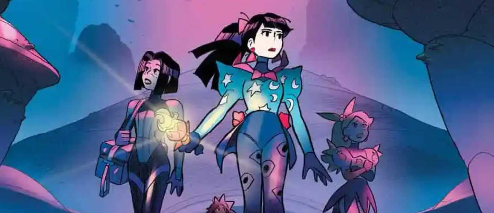 Comic book art: the Flavor Girls walk forward together.