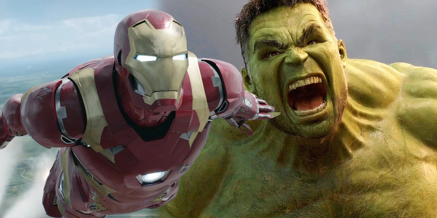 Flying Iron Man over an image of Angry Hulk