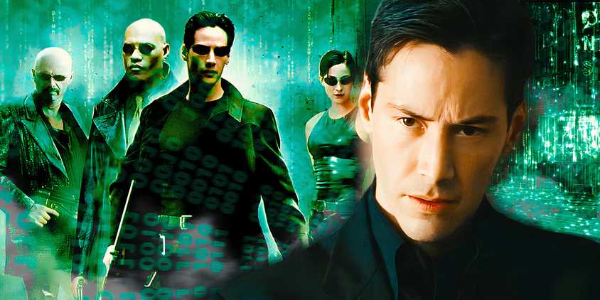 Keanu Reeves from Matrix movie to the right and a poster of the first Matrix movie