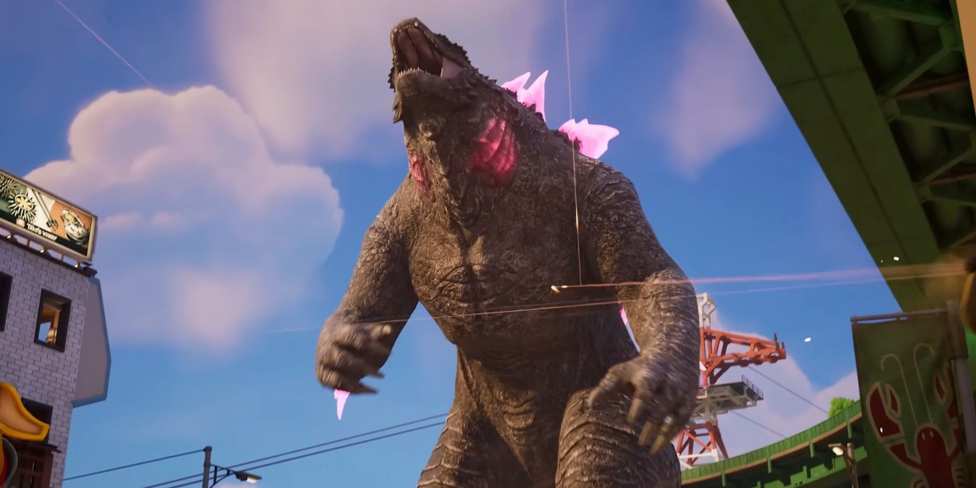 Fortnite Godzilla being shot at by players.