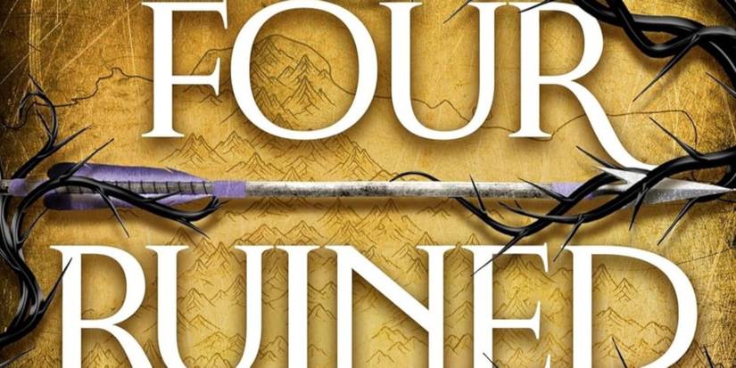Four Ruined Realms cover featuring a yellow map as the background, an arrow, and the title in white