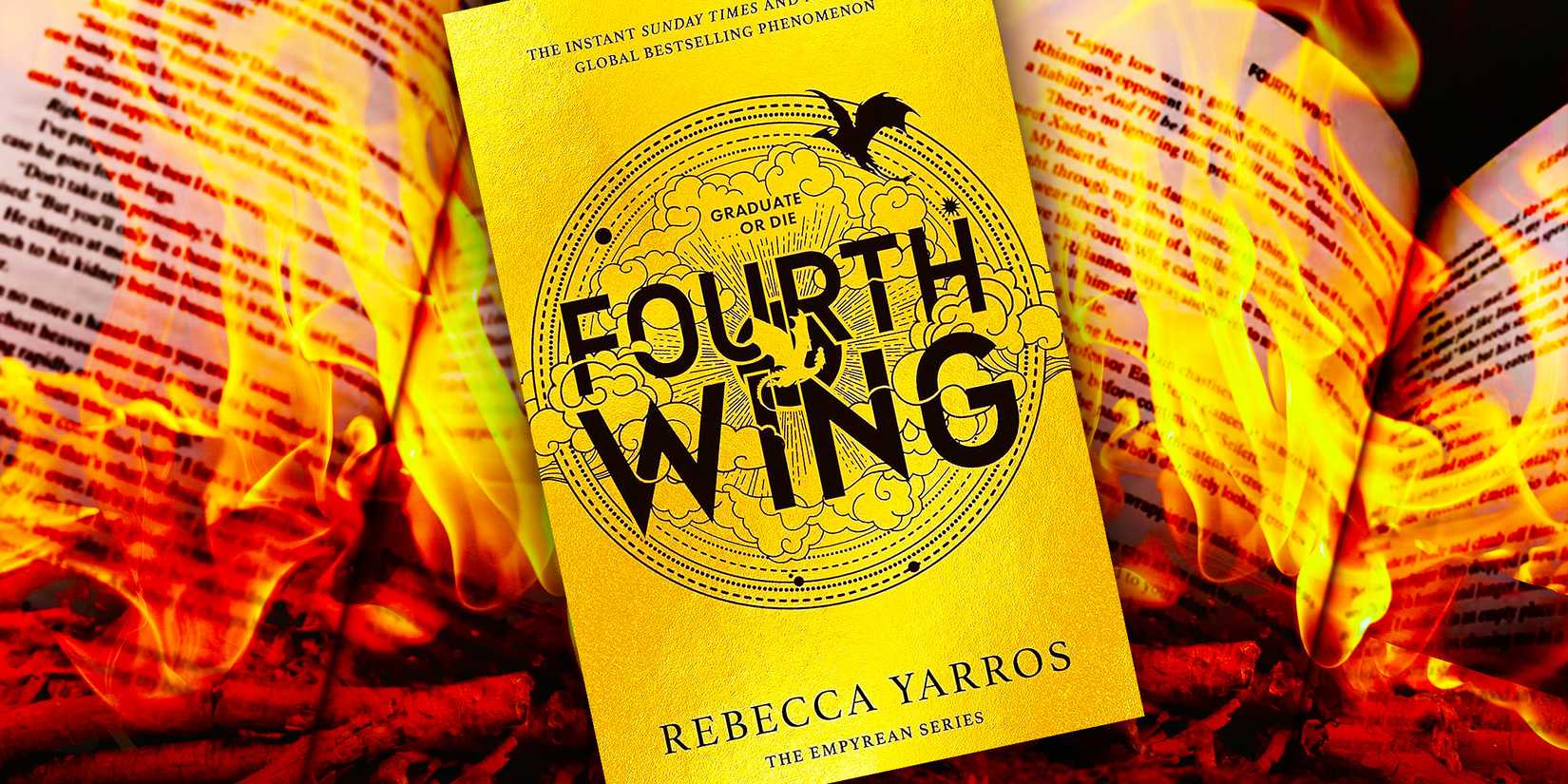 The cover of Fourth Wing by Rebecca Yarros and a background featuring books and fire
