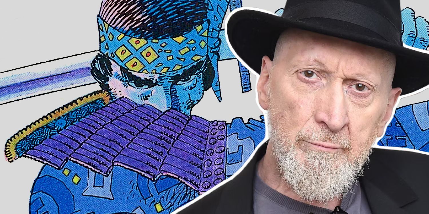 Frank Miller before a panel from his Ronin masterpiece