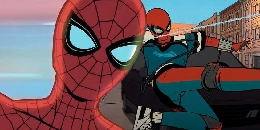 Friendly Neighborhood spider man two images on top of one another