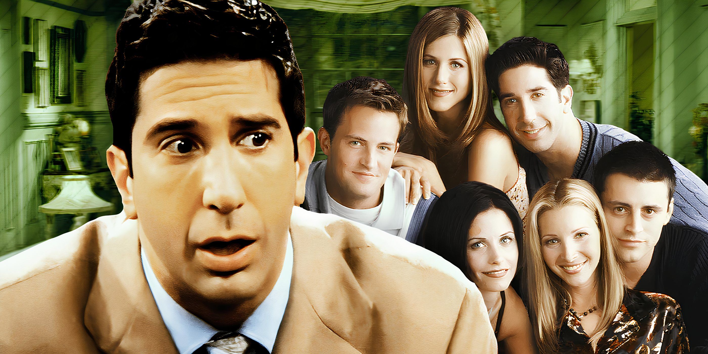 Ross from Friends and whole cast from the series to his right on a green background