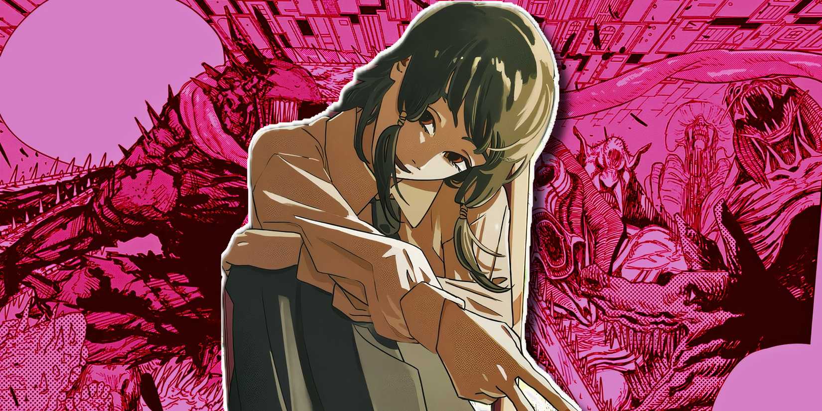 Chainsaw Man's Fumiko holding up a peace sign in front of a red background.