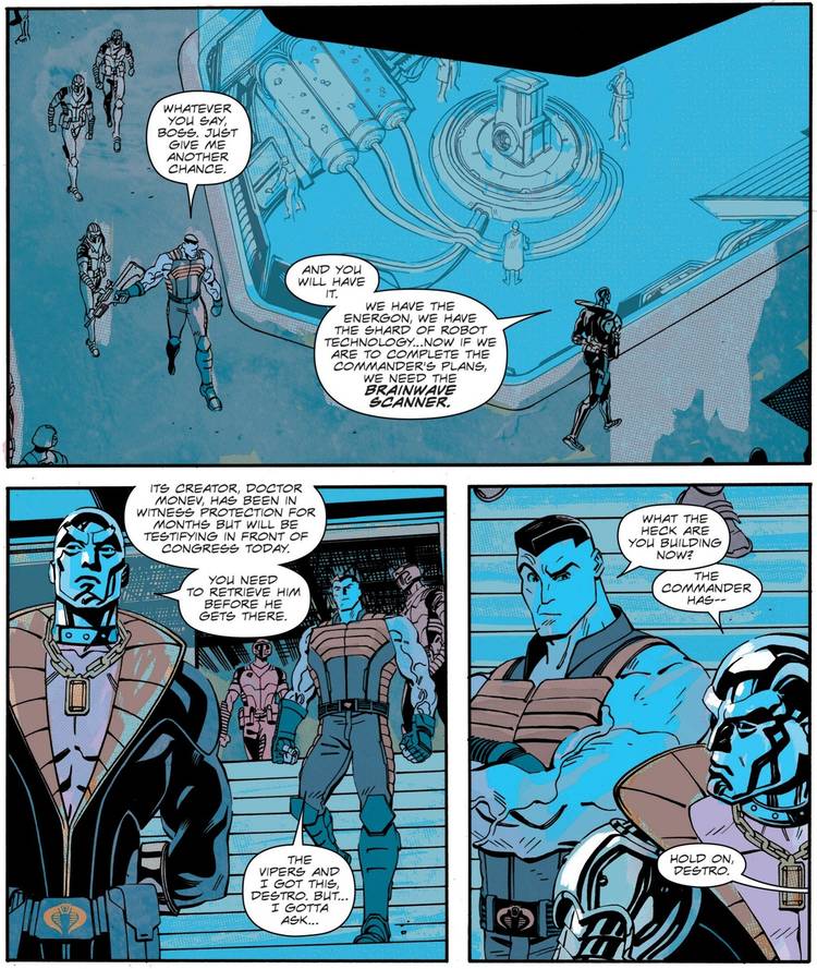 Comic book panels: Destro explains Cobra Commander's plan