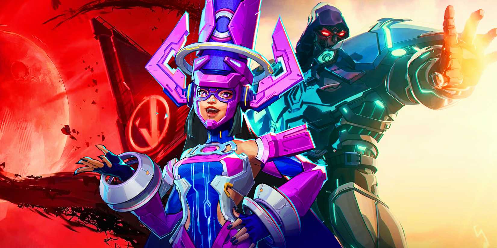 Galacta and Doom from Marvel Rivals with the Dracula castle