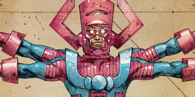 Galactus posing in the style of Galileo's Vitruvian Man in Marvel comics