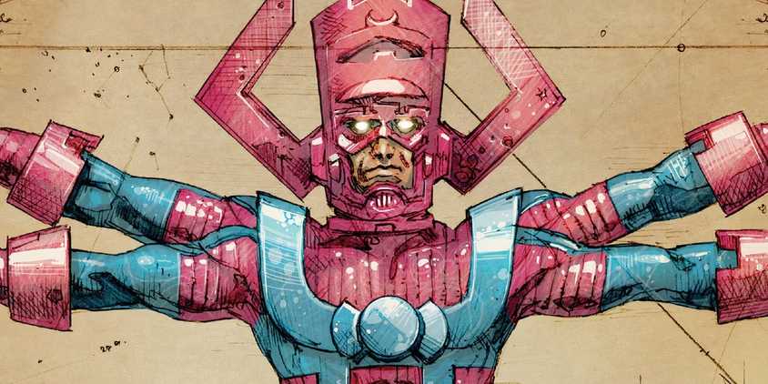 Galactus posing in the style of Galileo's Vitruvian Man in Marvel comics