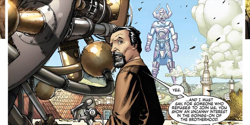 Michelangelo works on a weapon while Galactus stands in the distance.