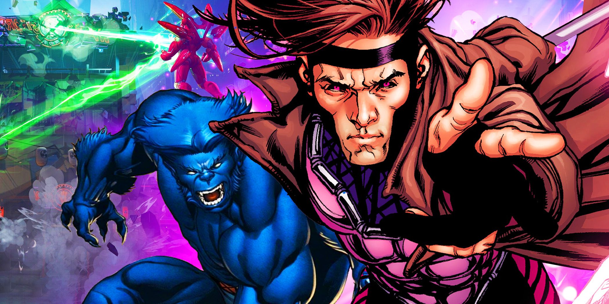 Gambit and Beast of the X-Men over a Marvel Rivals images of a fight.