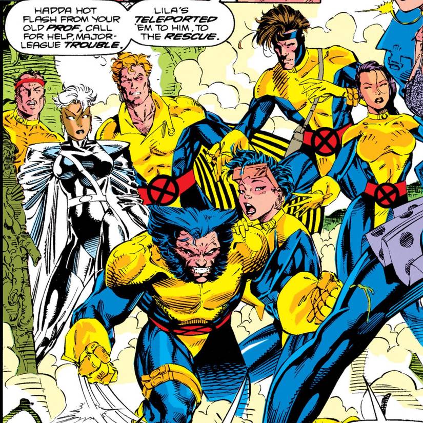 Comic book panel: a group of X-Men from the 90s wearing classic blue and gold suits.