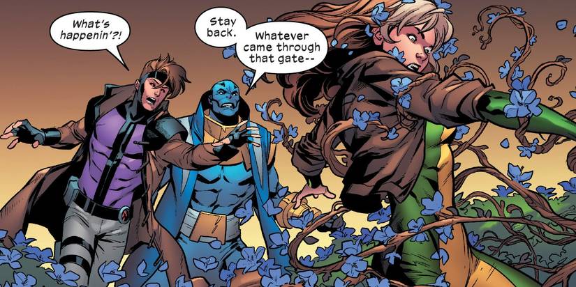 Comic book panel: Gambit reaches for Rogue in his Excalibur costume.