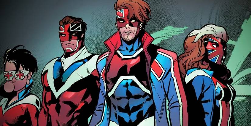 Comic book art: Gambit Rogue and Other Versions of Captain Britain in X-Men Comics pose together.