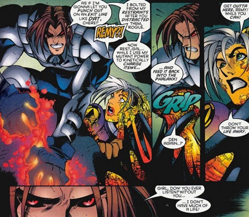 Comic book panels: Gambit with the Shi'ar in space.