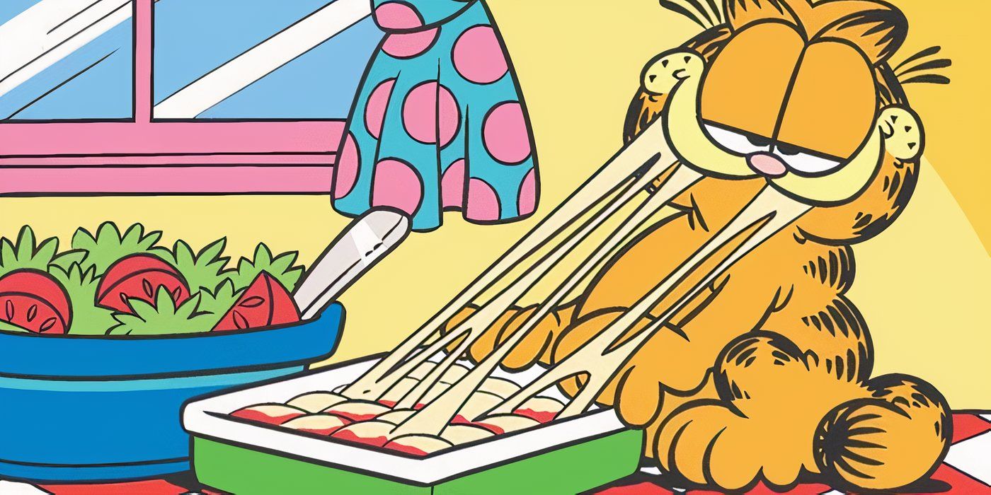 Garfield mange des lasagnes.