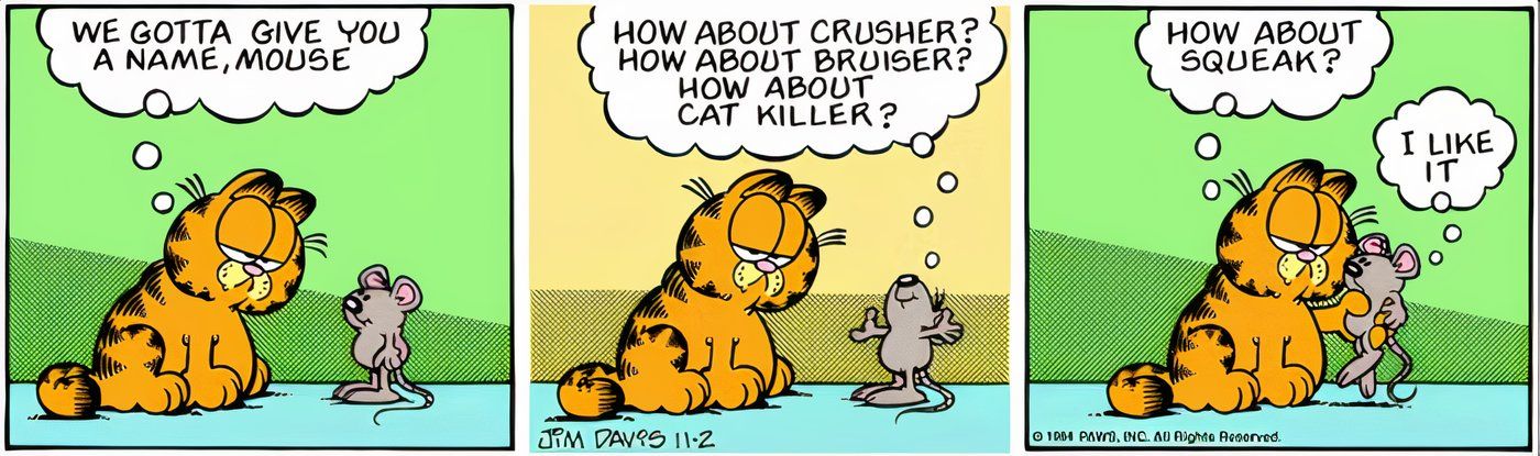 Garfield talking to his mouse friend, Squeak.