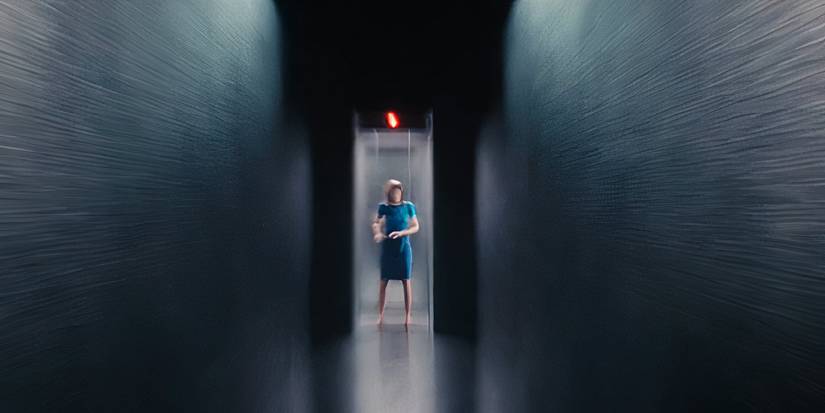 Gemma morphing into Helly in the testing floor elevator in Severance season 2's intro
