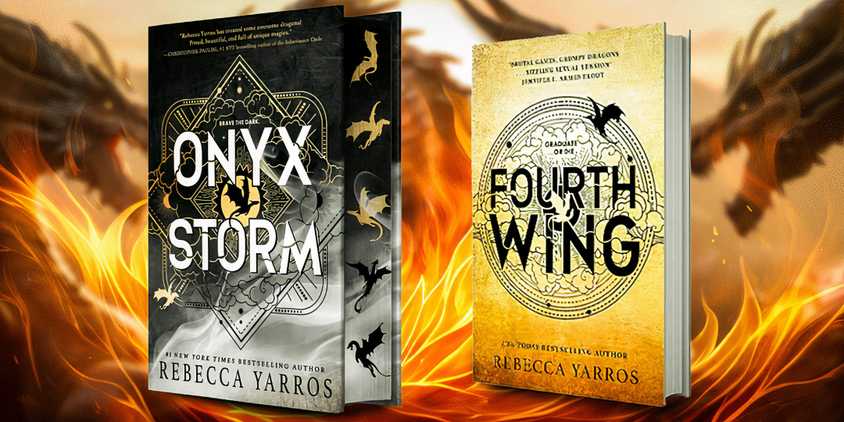 Fourth Wing and Onyx Storm book covers with flames and dragons background